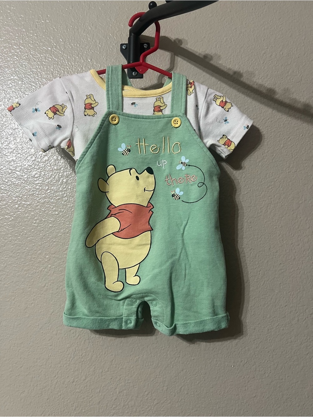 Disney 2pc Green Winnie the Pooh Romper Set with White Tee Sz-6/9 mo.